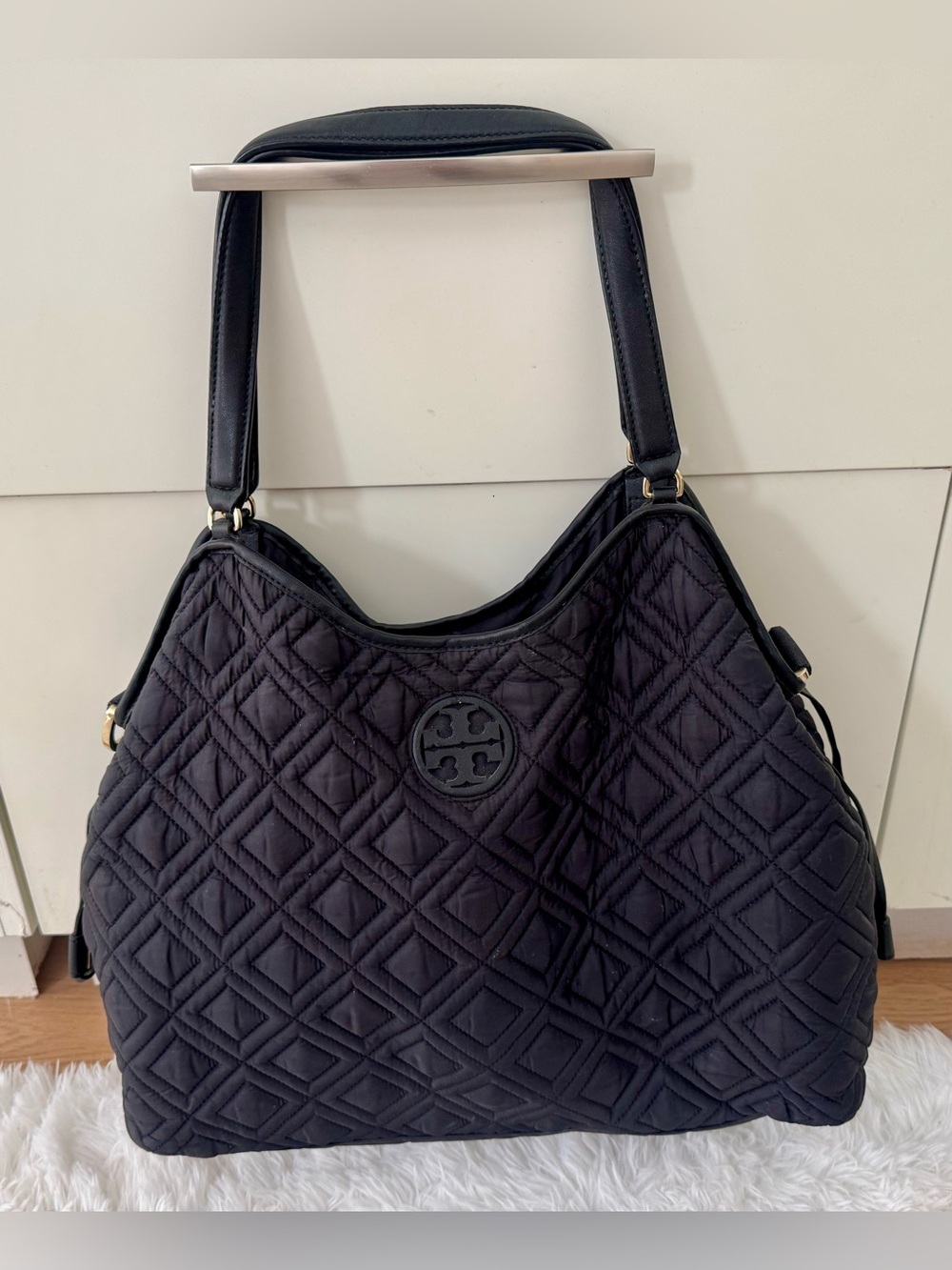 Tory Burch Ella Quilted Nylon Hobo Shoulder Bag Black